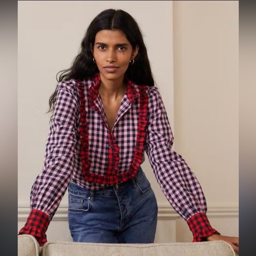 Boden Isla Frill Detail Blouse Formica Pink and Navy Gingham 8 ruffle plaid soft - Picture 2 of 5